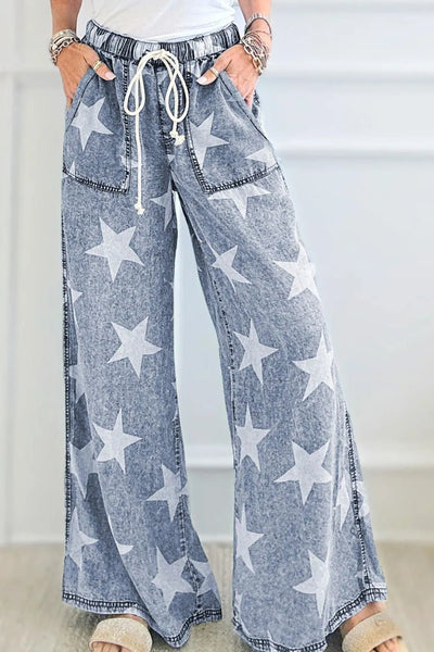 Star Print Washed Drawstring High Waist Wide Leg Jeans - Bel Air Boutique