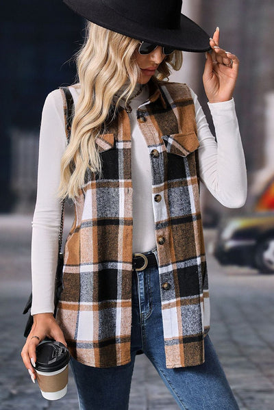 Straw Yellow Button Up Plaid Sleeveless Vest Jacket - Bel Air Boutique