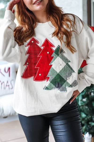 White Pearl Plaid Christmas Tree Patched Drop Shoulder Sweatshirt - Bel Air Boutique