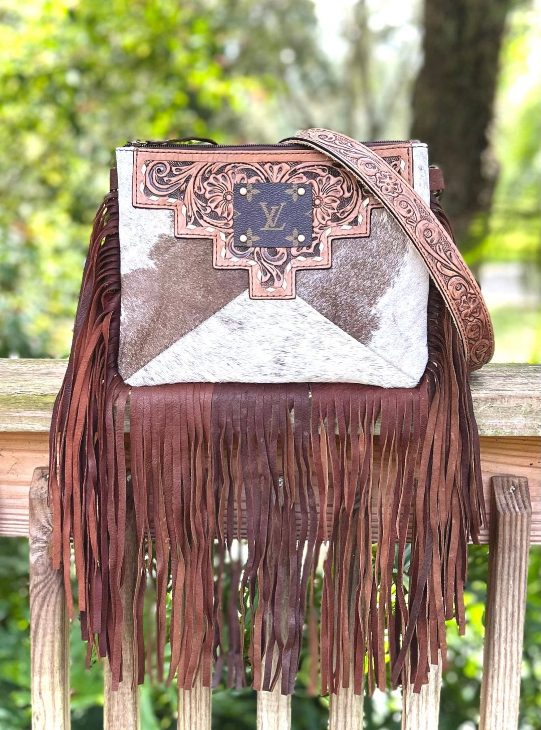 Upcycled LV Cowhide Leather Fringe Crossbody Bag Western Bel Air Boutique