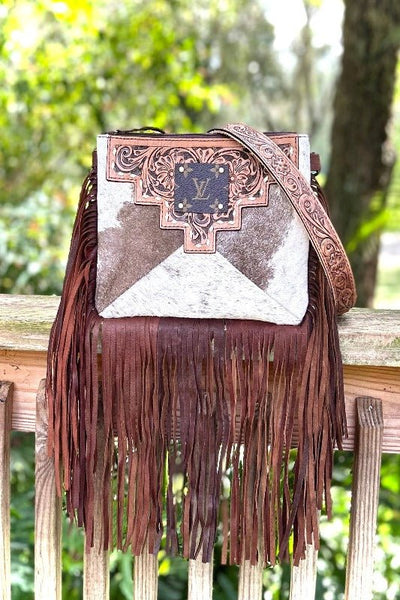 Upcycled LV Cowhide Leather Fringe Crossbody Bag Western - Bel Air Boutique